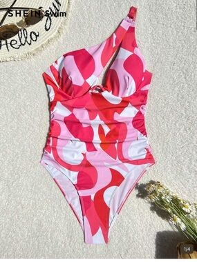 SHEIN Pink & Red One-Shoulder Kids One-Piece Swimsuit